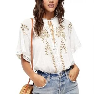 Free People Dahlia Flowing Pure Cotton Embroidered Crochet Trim Tassel Blouse